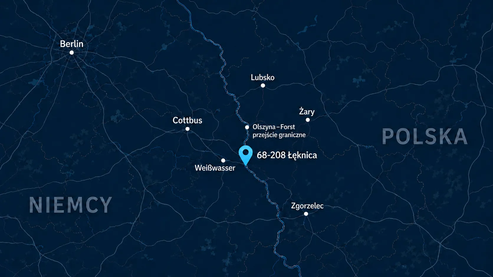 Mapa pogranicza Polski i Niemiec z lokalizacją firmy w Łęknicy oraz miastami Berlin, Cottbus, Weißwasser, Lubsko, Żary, Zgorzelec i przejściem granicznym Olszyna–Forst.